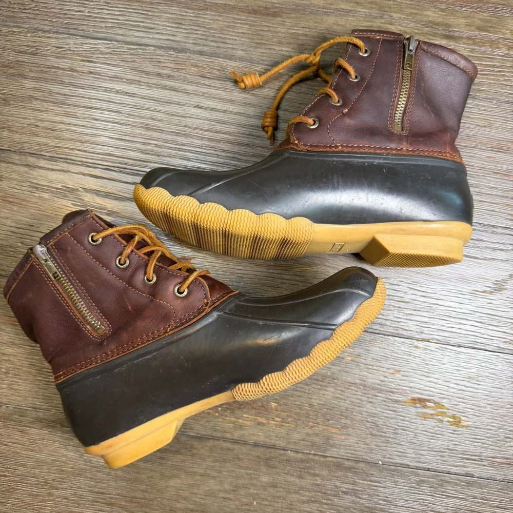 Sperry Saltwater Duck Boots Womens 8M Brown Black Leather Waterproof